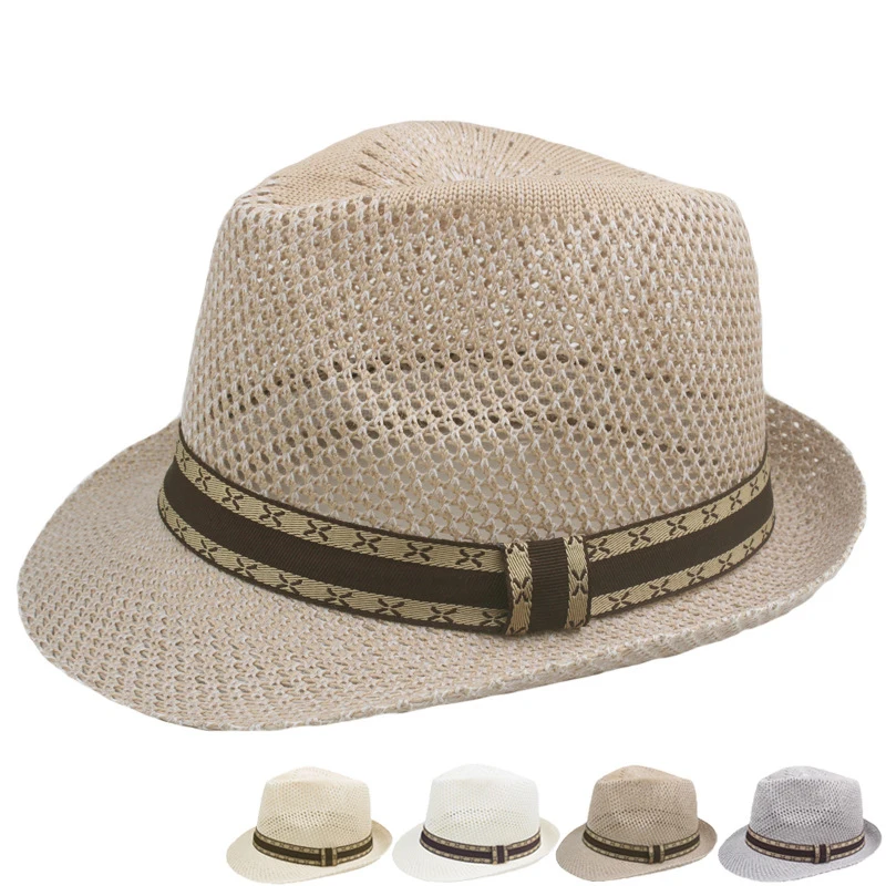 Landfond Hollow Short Brim Trilby Hat Summer Roll Up Beach Sun Cap Ribbon Knitted Fedora Hat for Men