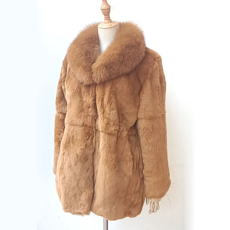 Winter Warm Real Rex Rabbit Fur Coat With Fox Fur Collar Women Casual Plus Size Yellow Thick Genuine Fur Jacket Fashion Outwear
