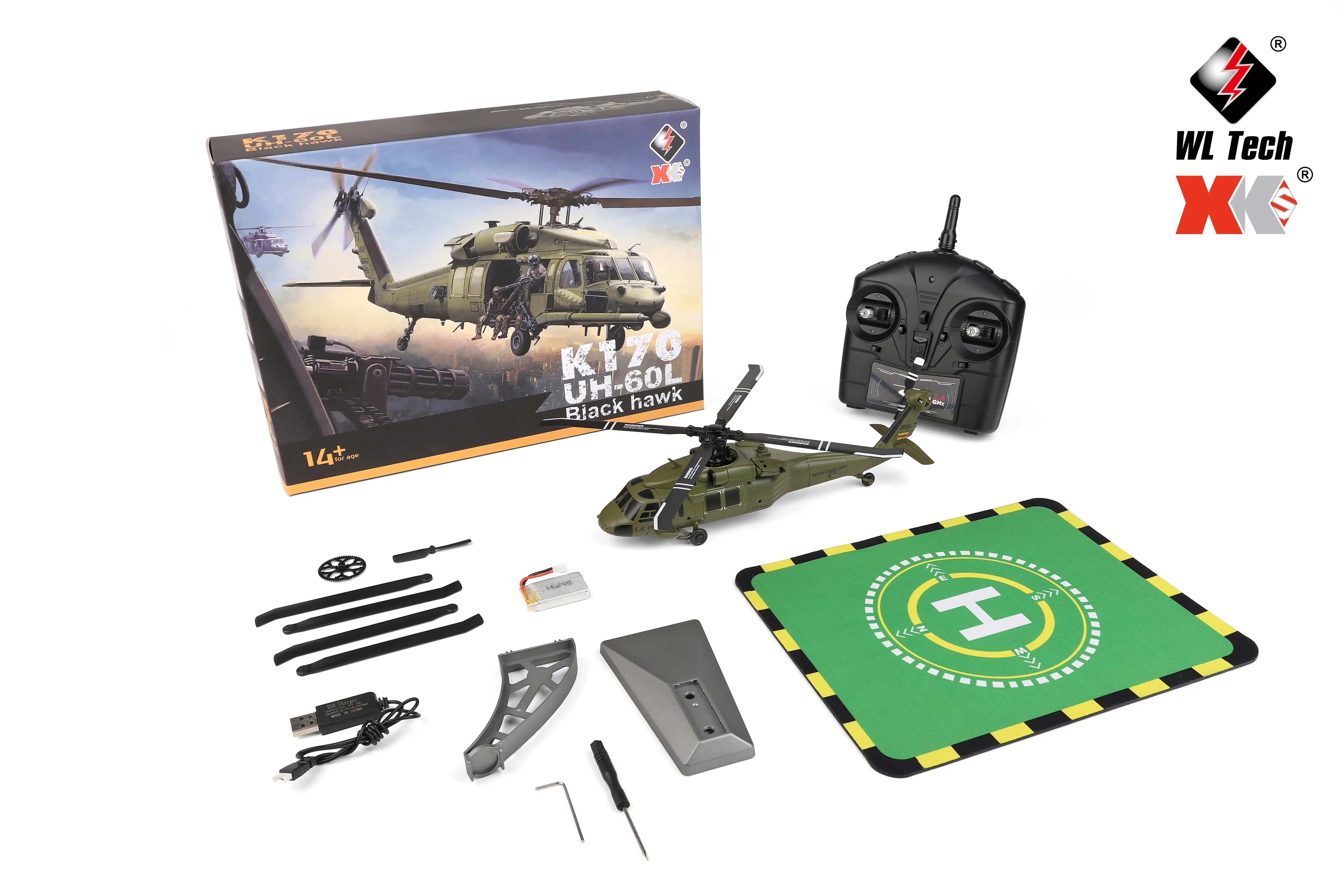 Wltoys K170 RTF UH-60L 2 4 г 4CH 6-осевой гироскоп бесщеточный двигатель Военный Зеленый Радиоуправляемый вертолет игрушки XK рождественские подарки