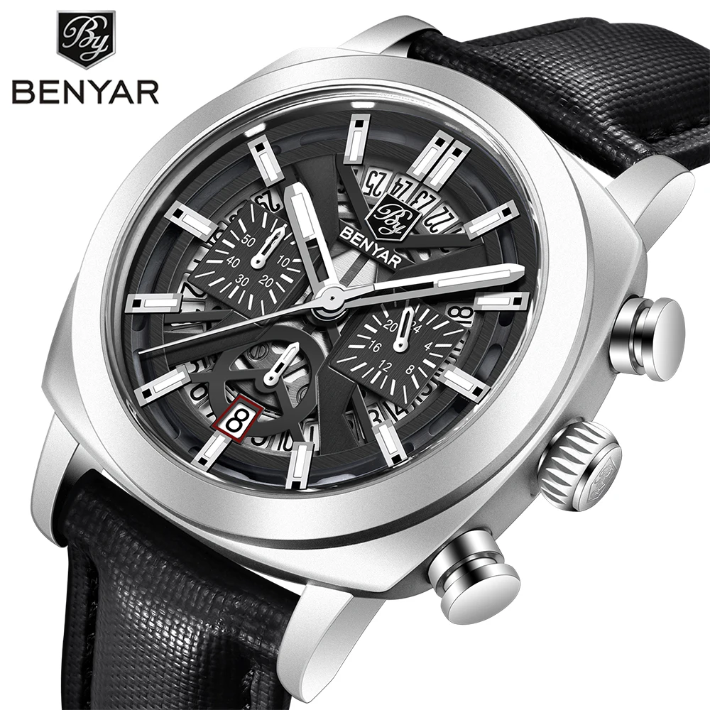 Benyar Luxury Chinese Luminous Chronograph Watch 5205 PC Case Alloy Leather Strap Buckle Clasp High Quality Quartz New Design