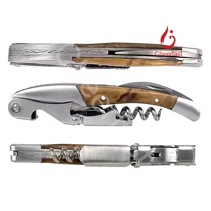 Quickly Shipment Wine Bottle Opener Baiying Wooden Double Hinged Wine Corkscrew Maple Fiddleback Stainless Steel Wine Cork Screw