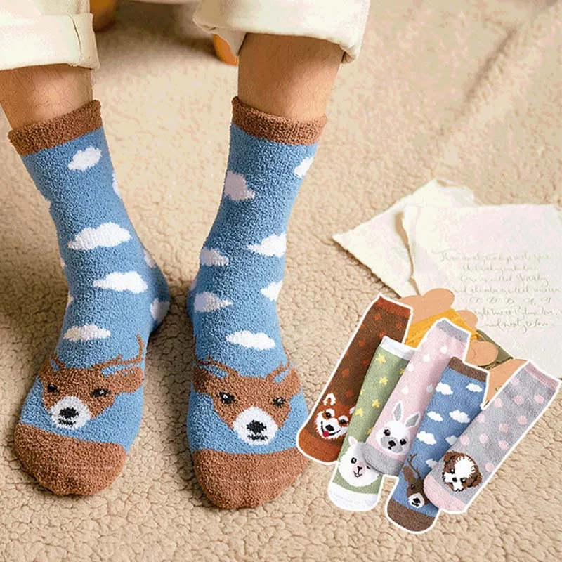 Wholesale Cartoon Animal Avatar Thicken Warm Fluffy Plush Slippers Sleep Sock Cozy Plaid Floor Socks for Women Fuzzy Socks
