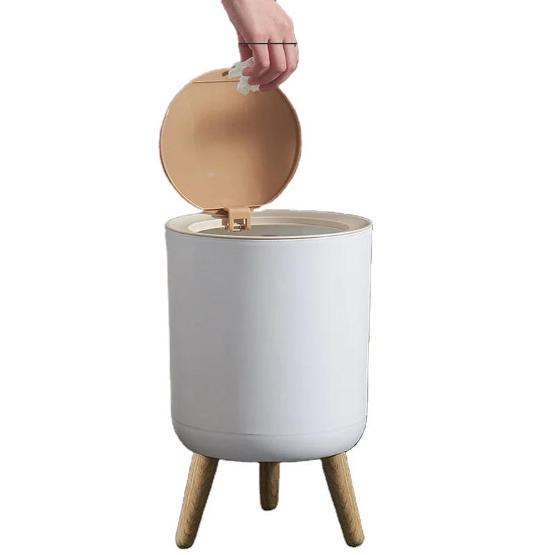 Household Innovative Waste Bins Hotel Wood Grain Press Tall Plastic Trash Can with Lid