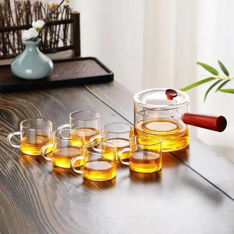 Teapot and tea cup set glass teapot with six tea cups with handle combined glass teapot sets