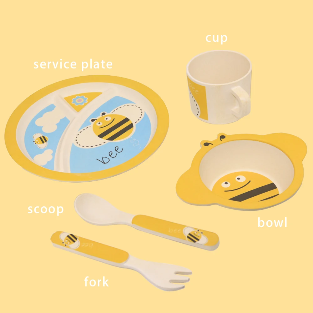 Factory Price Plastic Dinner Set Anti Falling Melamine Dinner Sets Utensils 5pcs Cartoon Baby Children Bamboo Dinnerware