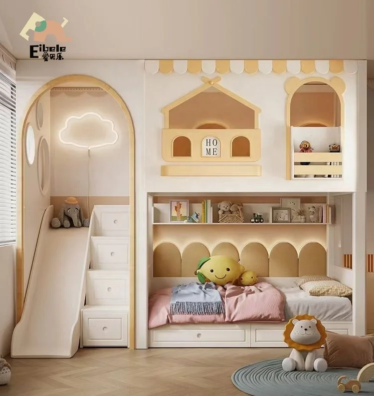 High Quality Indoor Bedroom Furniture Set Kids Wooden Double Bunk Beds for Children with Drawer Stairs and Slide