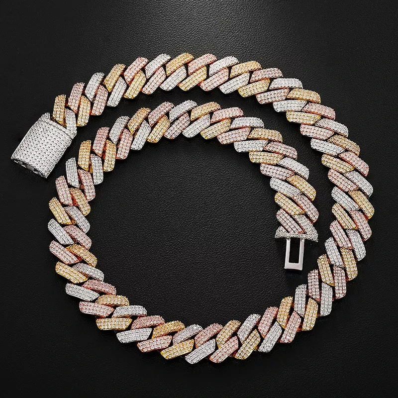 Hot Selling OEM/ODM Service 19mm 3 Tones 925 Sterling Silver VVS Moissanite Diamond Miami Cuban Link Chain Necklace