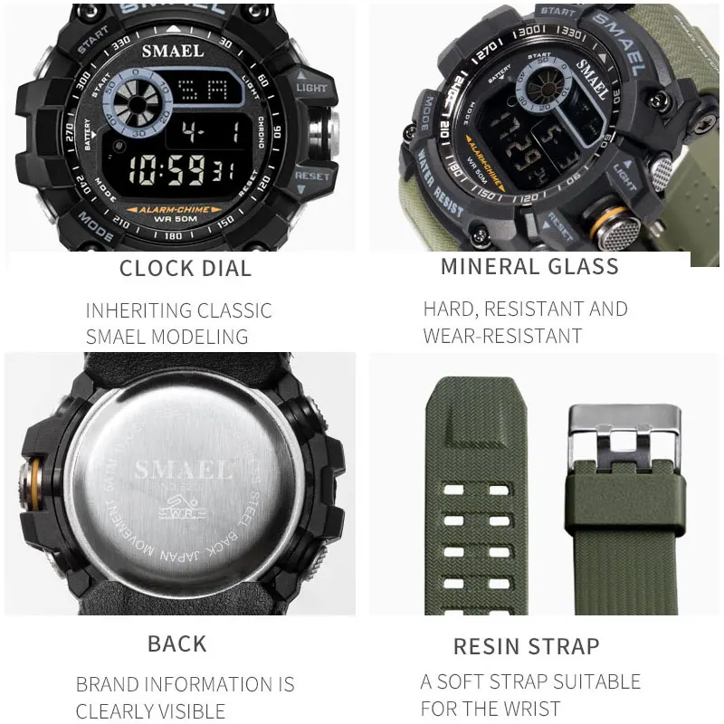 
smael 8010 Men Electronic Watch Alarm Clock Stopwatch Night Light Multi-functional Outdoor Sports Watch 