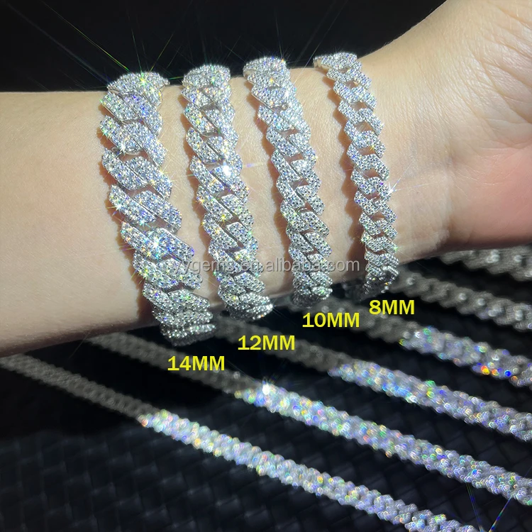 RTS Hot Sale Moissanite Bracelet 2rows 8mm-15mm Wide Hip Hop Bracelet S925 Silver VVS Moissanite Diamond Cuban Bracelet for Men
