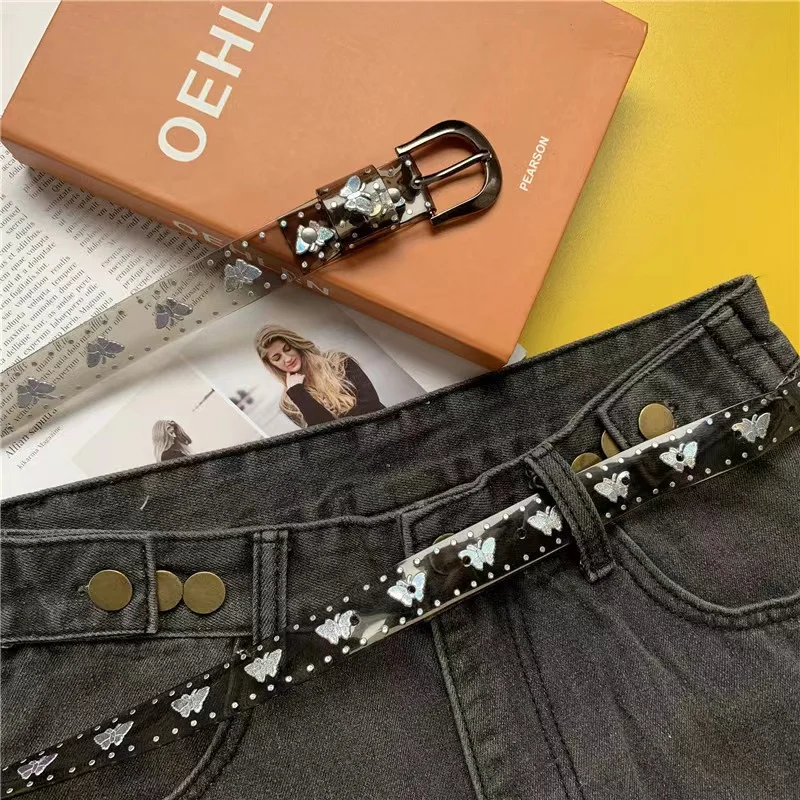 Transparent laser belt candy color butterfly print ladies plastic belt thin belt