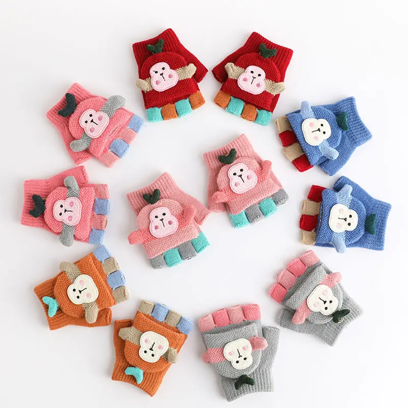 Kids Knitted Flip Cover Half Finger Gloves Cute Winter Warm Fingerless Cozy  Gloves for 2-6Y Children