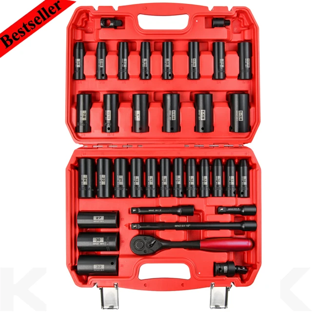 Набор ударных розеток С Приводом 1/2 дюйма, 36 шт., глубокие, Стандартные метрические и SAE, в комплект входят удлинительные адаптеры и трещоточная рукоятка