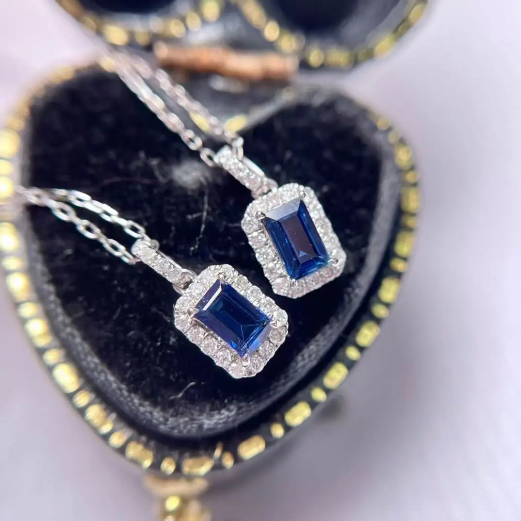 925 Sterling Silver Chain Gemstone Pendant Set With 5A CZ stone in 18inch 20inch Princess Cut Blue Sapphire Necklace