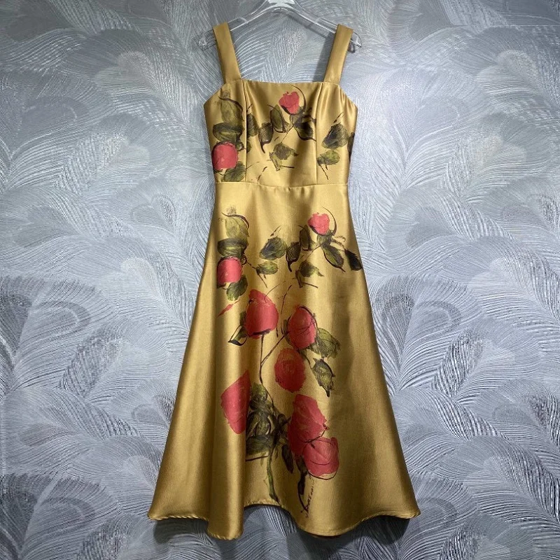 New Arrival Dress 2025 Spring Summer Vestidos Women Spaghetti Strap Red Floral Leaves Prints Sleeveless Midi Party Club Dresses