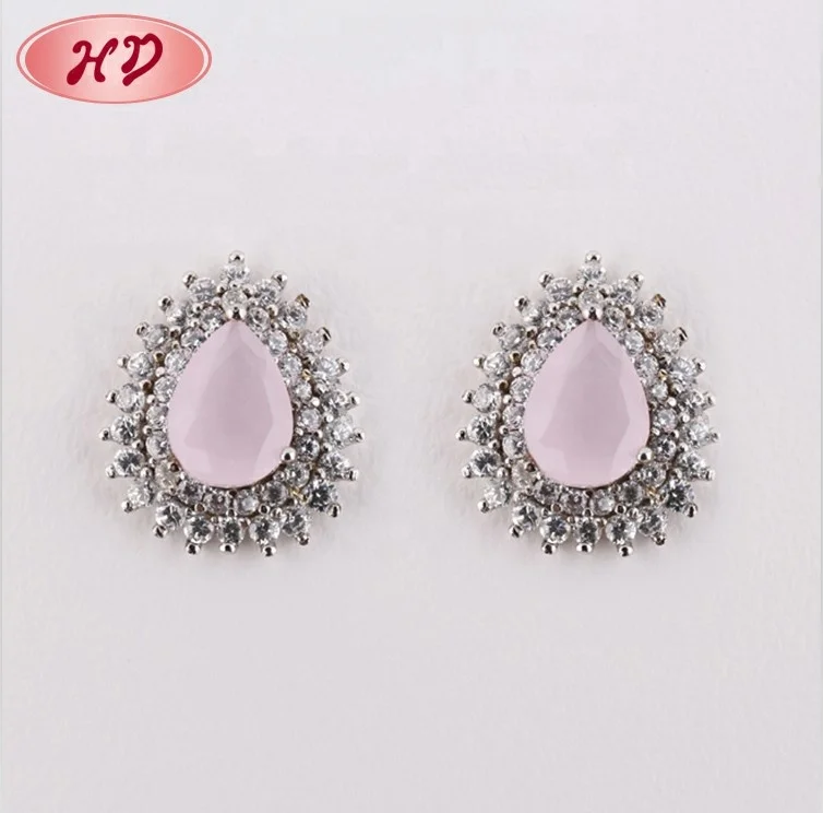 Pink Cubic Zirconia Round Stud Earrings Single Stone White Gold Crystal Stud Earrings