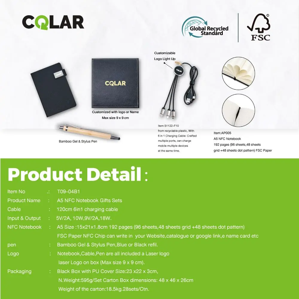 Factory  Hot produces A5 NFC Notebook Charging cable with Bamboo Gel&Stylus pen Gift Set