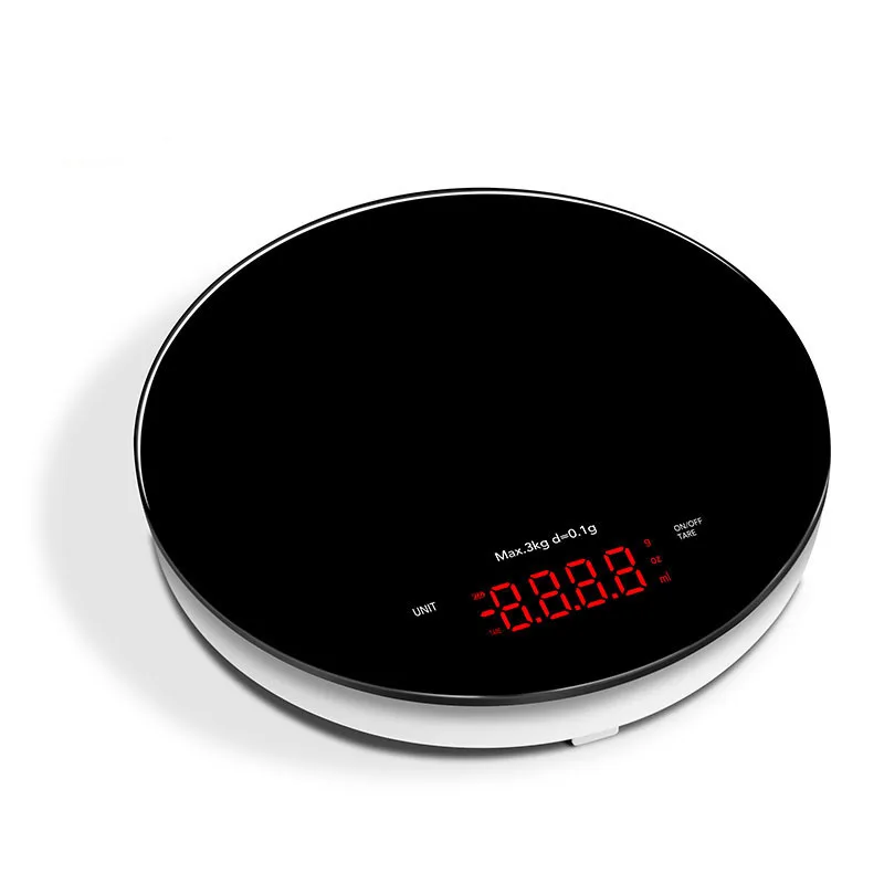 Маленькие кухонные принадлежности, весовые машины, цифровые светодиодные весы 0,1 г круглой формы, черное стекло, овощной порошок, весы 3 кг