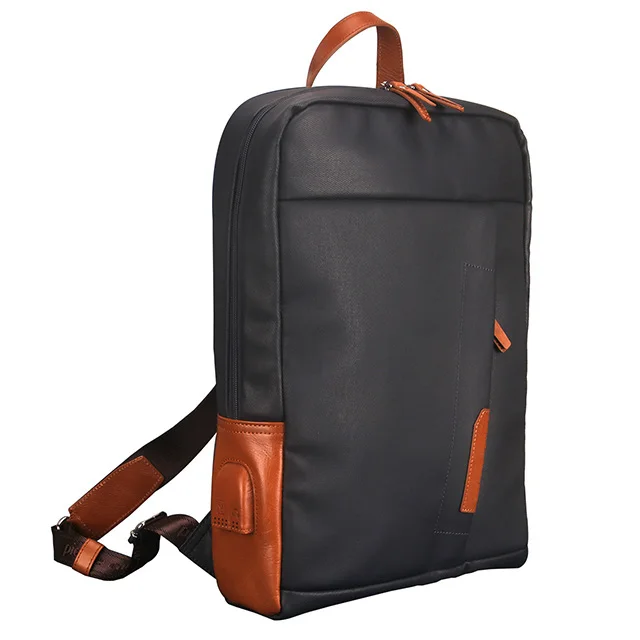 
Custom canvas genuine leather waterproof Mobile USB rechargeable for men laptop backpacks 