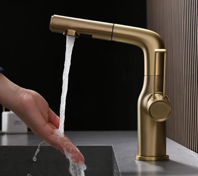 French Middle Ancient Brushed Gold Bathroom Basin Draasher Faucet All Copper Washbasin Hot and Cold Lifting Bathroom Faucet