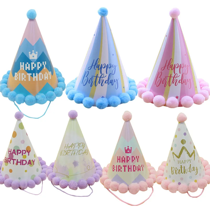 Wholesale Happy Birthday paper Hats Pompom Pink Blue hat Baby Shower Birthday Boy Girl Party Toys Decoration