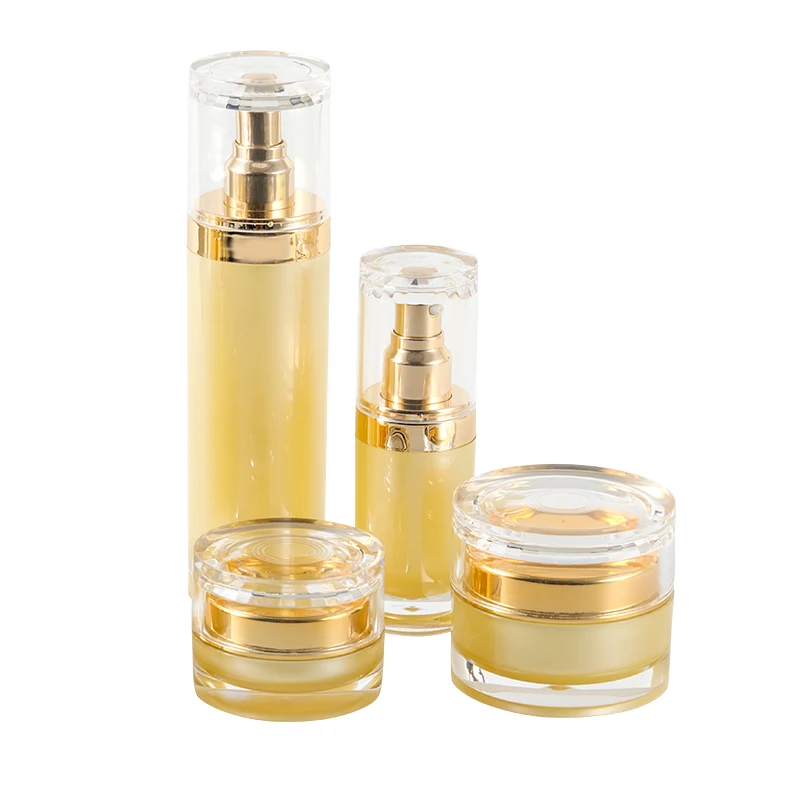 Factory wholesale golden acrylic rotary switch type cosmetic cream jar lotion bottle set packaging container