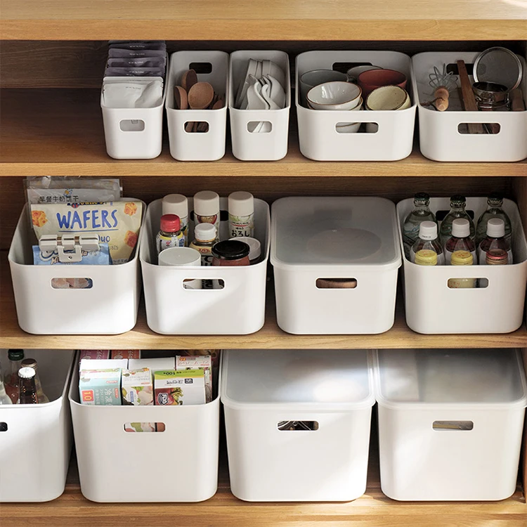 Storage Baskets Bins Boxes with Handles Holder Stackable Containers Organizing PP Plastic Multifunction White Home Organizer