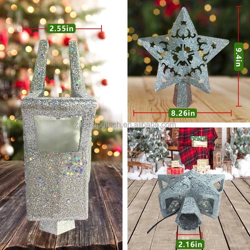 Factory Wholesale Directly 3D Glittered Gold Silver Christmas Star Tree Topper LED Lighting with Rotating Snowflake Projector