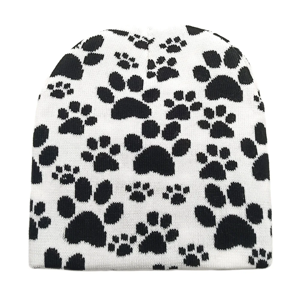Cute Dog Paws Beanie Winter Warm Beanies Women Men Casual Skullies Outdoor Black Warm Knit Print Beanies