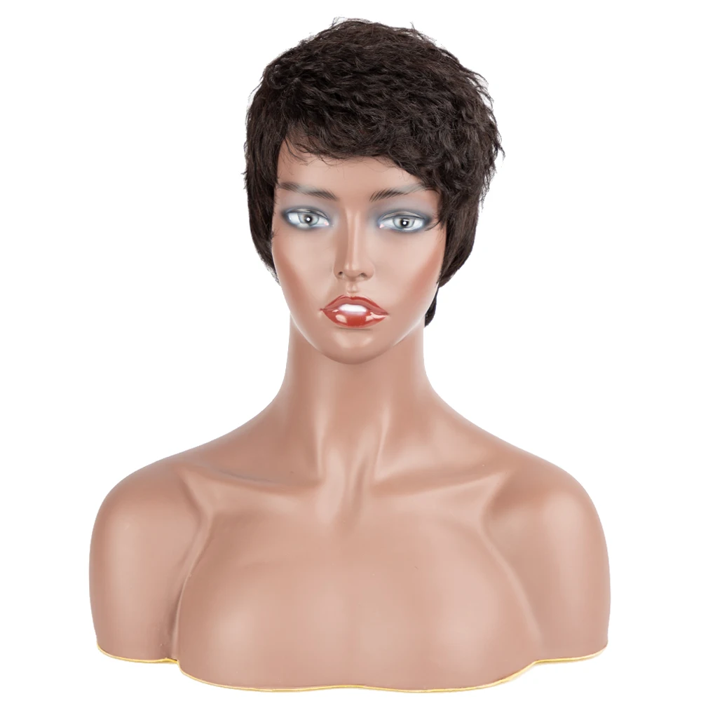 Rebecca Natural Black Short Pixie Wigs with Bangs Layered Cut Natural Curl Straight Synthetic Hair Wig for White Women