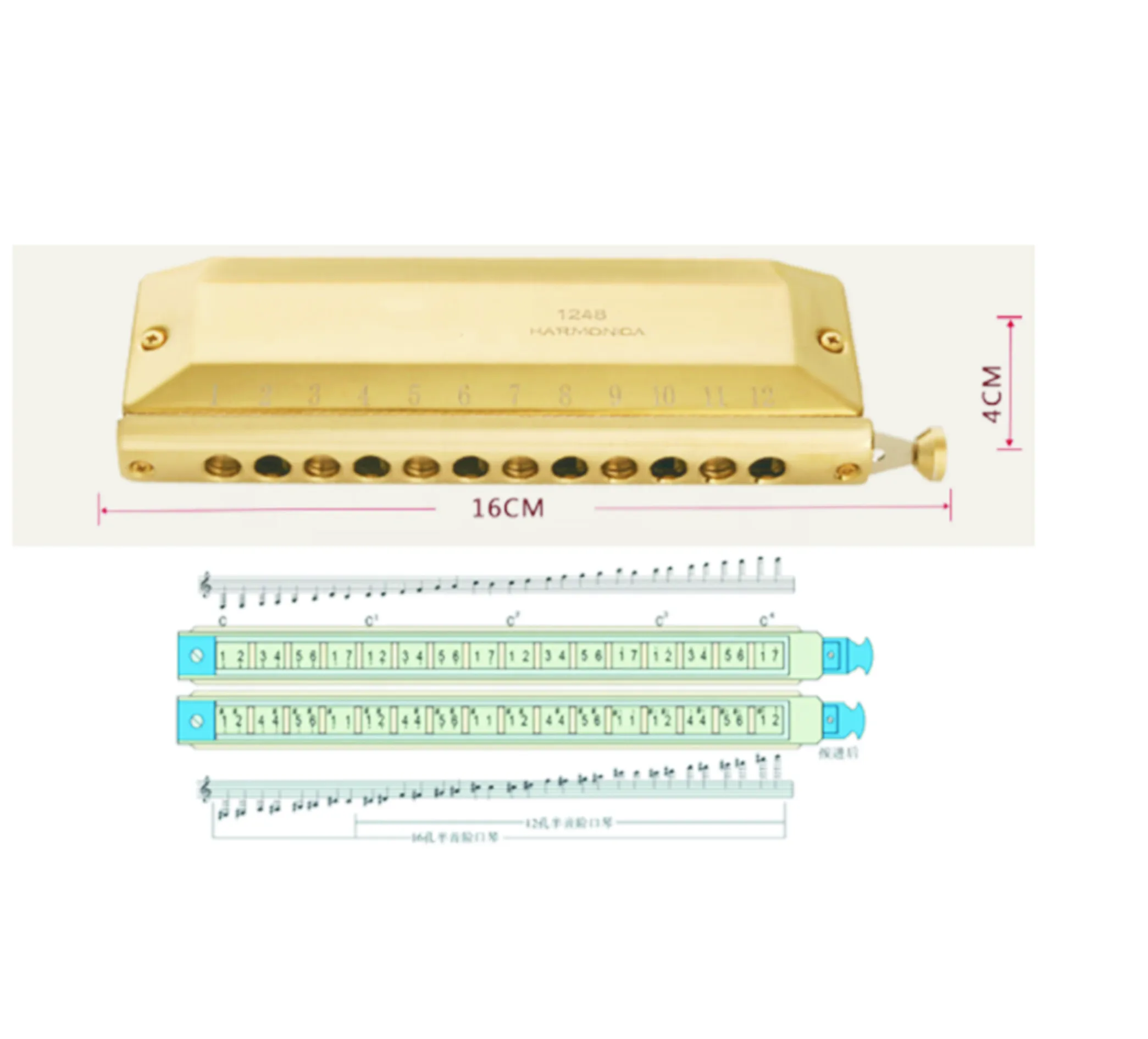 Newest high quality Golden half-scale harmonica 12-hole 48-tone half-scale harmonica mouth organ