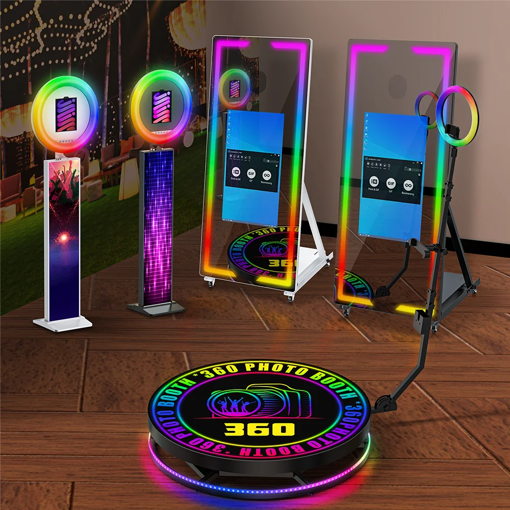 2022 Ship in 1 Day US Stock Led Mirror Glass 360 Photo Booth with Remote Photo Video 360 Booth with Led Lights Free Accessories