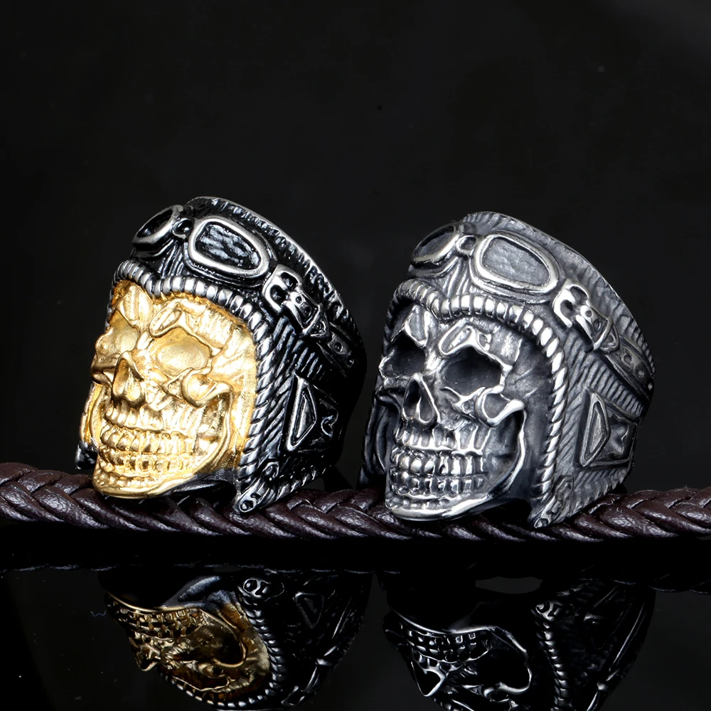 Mens Vintage Biker Ring Stainless Steel Swim Glasses Fashion Skull Ring
