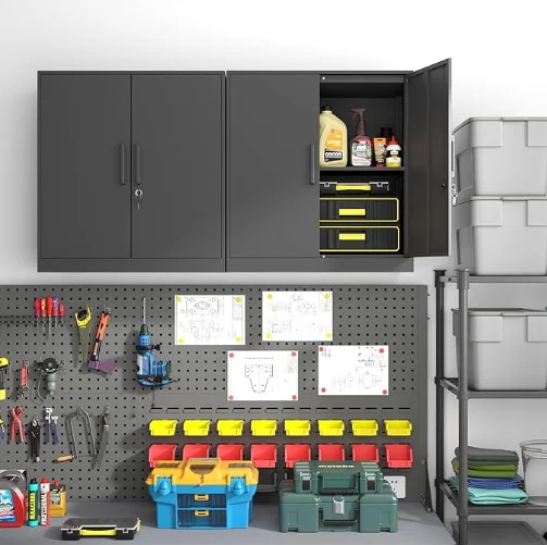Metal Wall Black Garage Cabinet with 2 Doors Hanging Storage Cabinets with Handle Locking Cabinet Shelves For Garage Living Home
