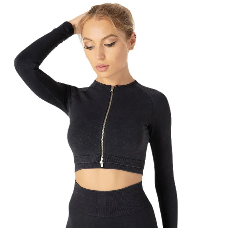 High quality stretchy training acid washing seamless yoga  outfits set Long sleeves women yoga Activewear