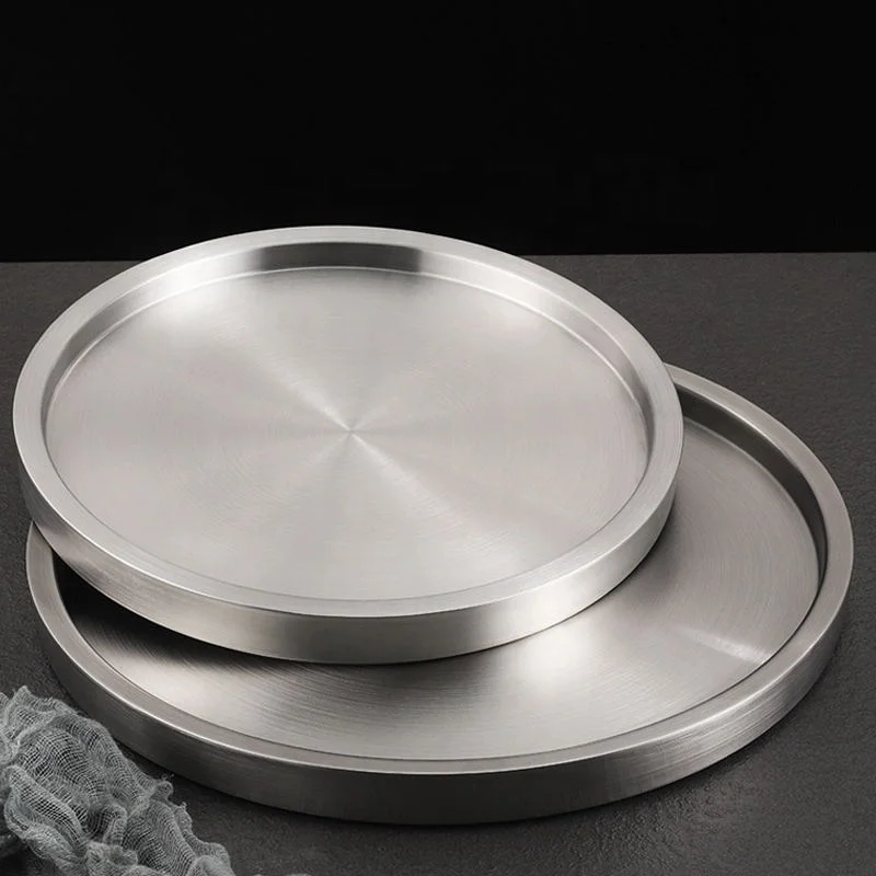 304 Stainless Steel Double Layer Round Dinner Plate Stainless Steel Barbecue Tray Metal Food Tray Western food plate