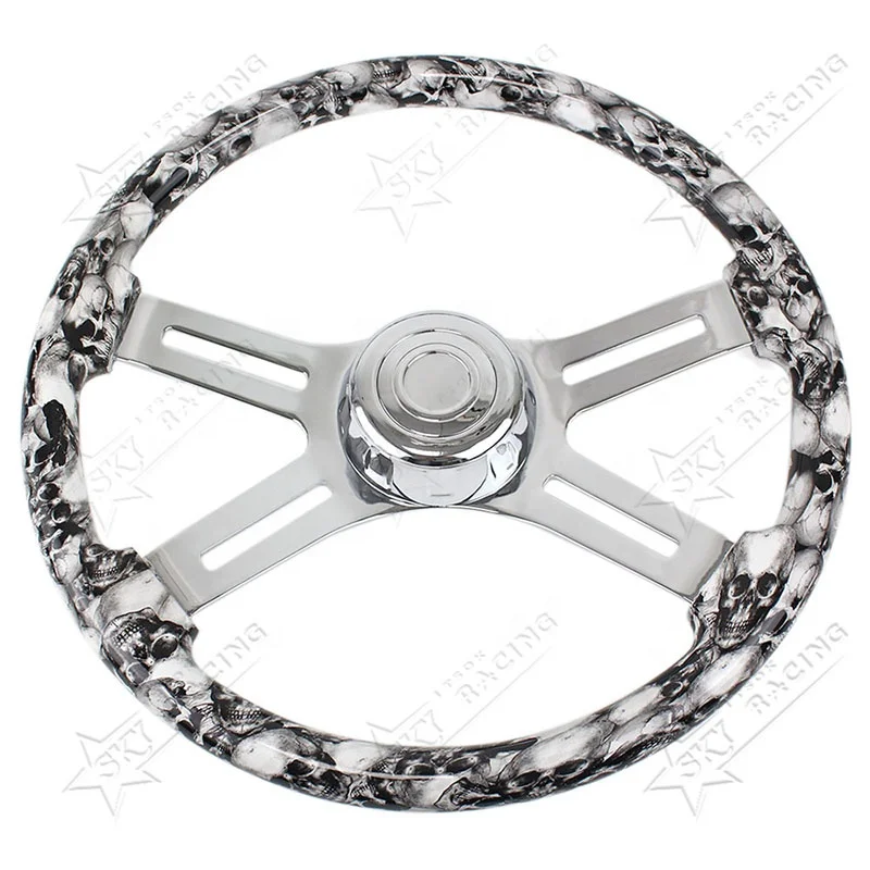18inch 450mm 4 Spokes Hydro-dip Finish Skull Pattern Semi Trailer Truck Wood Steering Wheel for Freightliner Kenworth Peterbilt