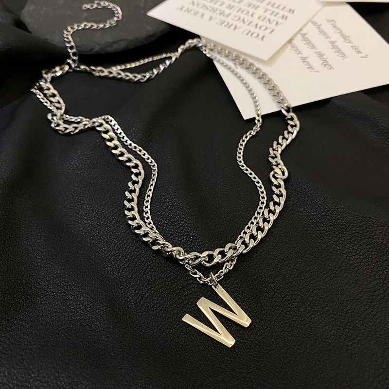 
Fashion letter W female titanium steel double layered sweater chain simple hip hop cuban link chain 