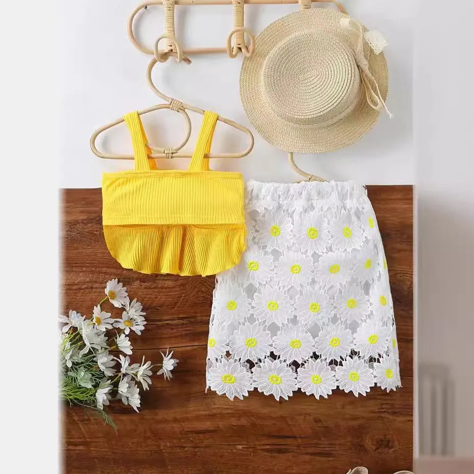 New Arrived Tween Girl Daisy Embroidered Camisole Top Skirt Set For Summer Holiday