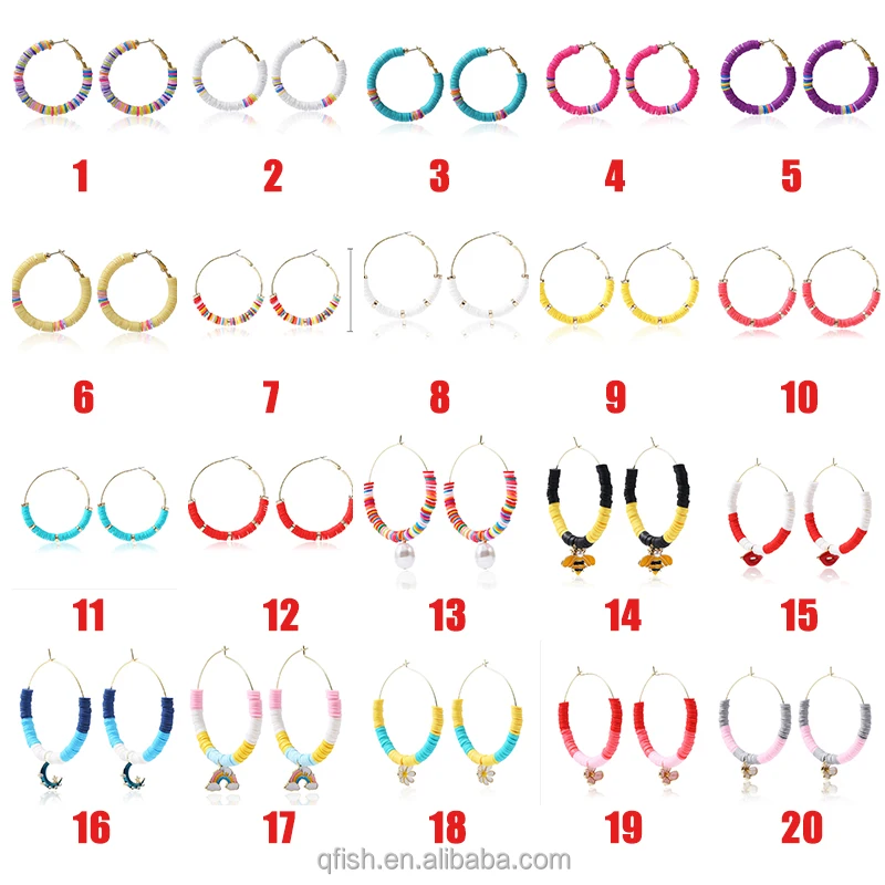 Multicolored Bohemian Beaded Clay Beach Jewelry Handmade Oversized Exaggerated C Shape Hoop Earrings