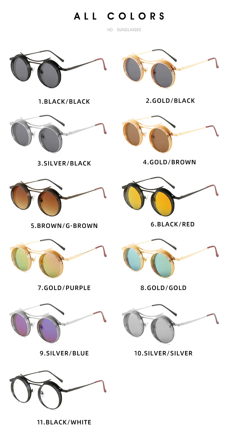Custom Logo  2022 Steam Punk Fashion Retro Round Sunglasses Metal Hollow Frame Men Vintage Driving Fishing Cycling Sun Glasses