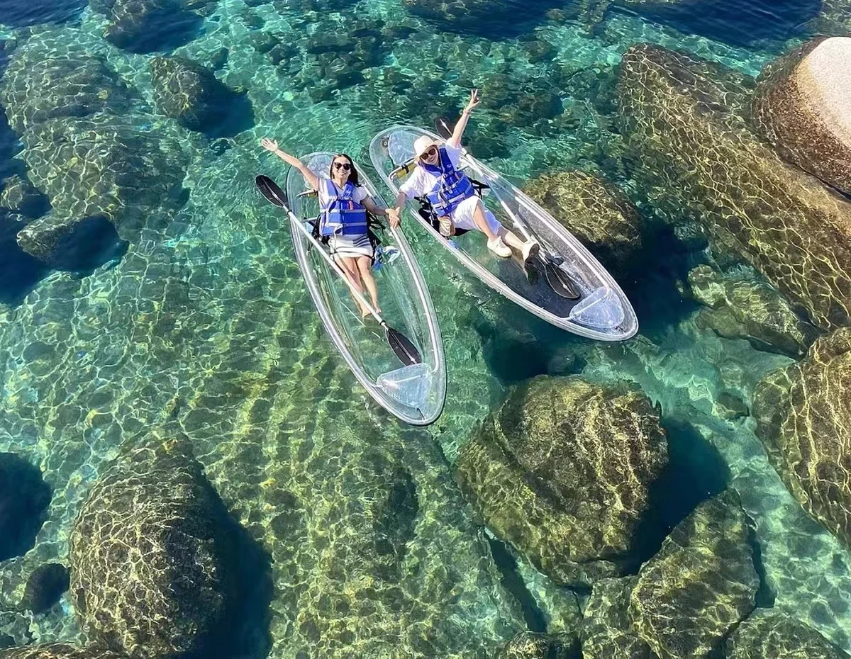 New design small plastic transparent double rowing boats crystal canoe/kayak clear bottom kayak with paddle