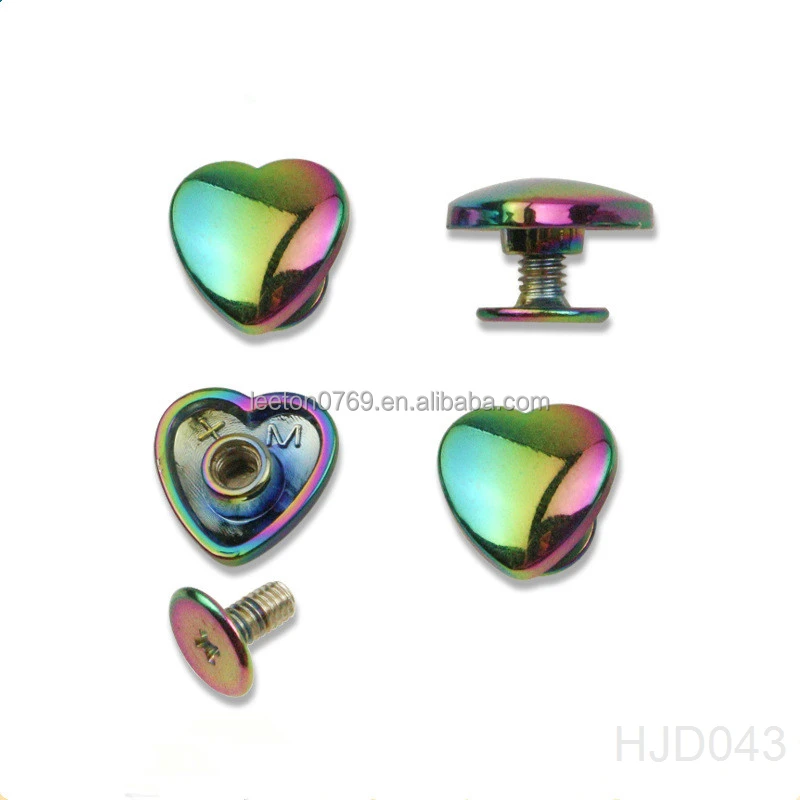 Stock supply high quality 12mm heart shaped rainbow metal bag rivets