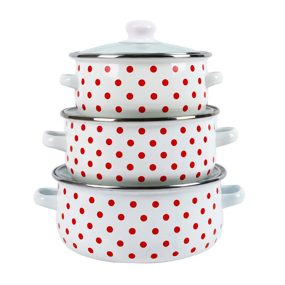 Enamel pot 3pcs set red with white dots soup pot for electric ceramic stove