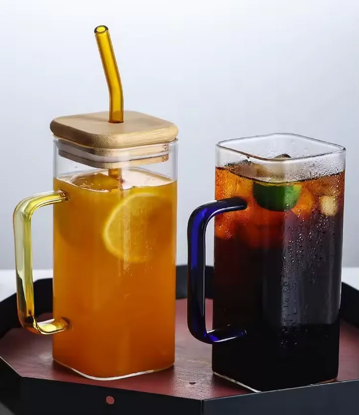 Hot Sale Square high borosilicate glass cup Heat Resistant Transparent Coffee Glass Cups Mug With Color Handle