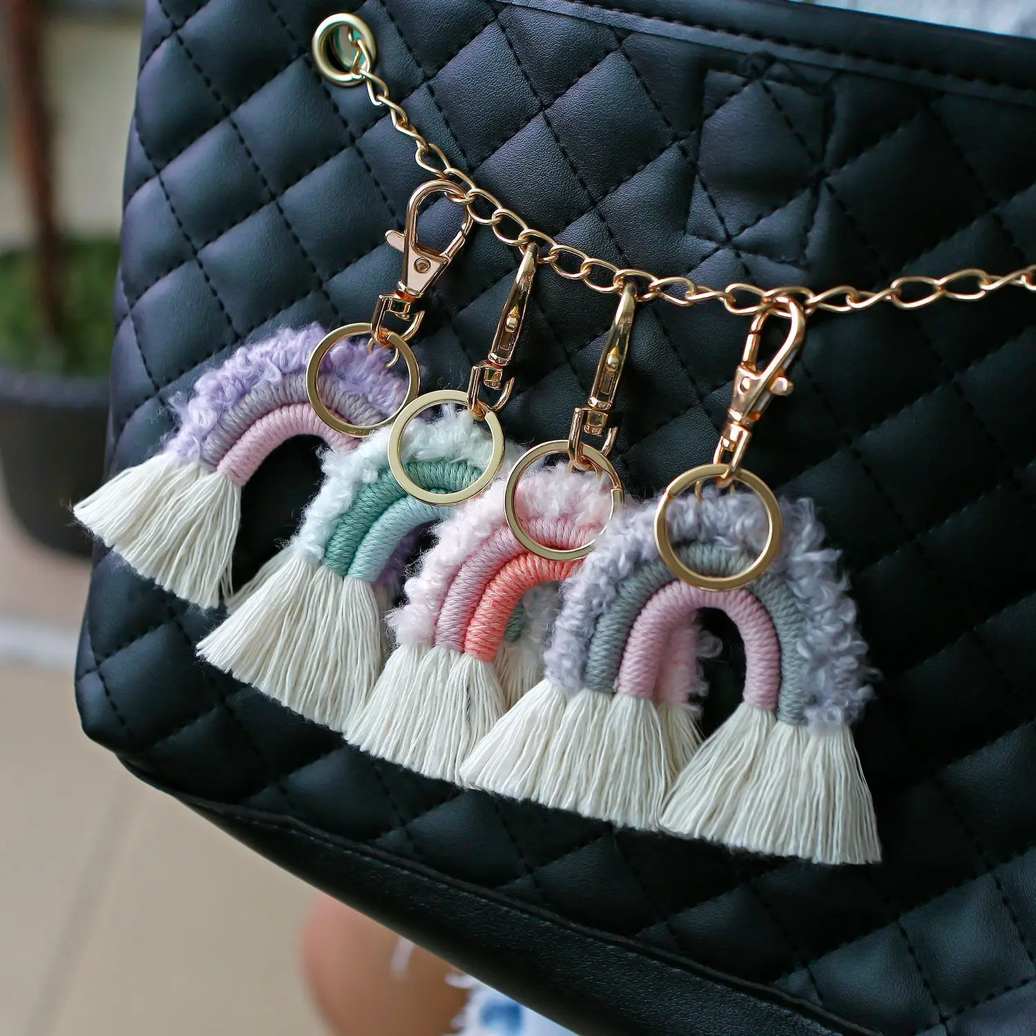 Design high-quality hand woven rainbow cotton tassel car backpack keychain