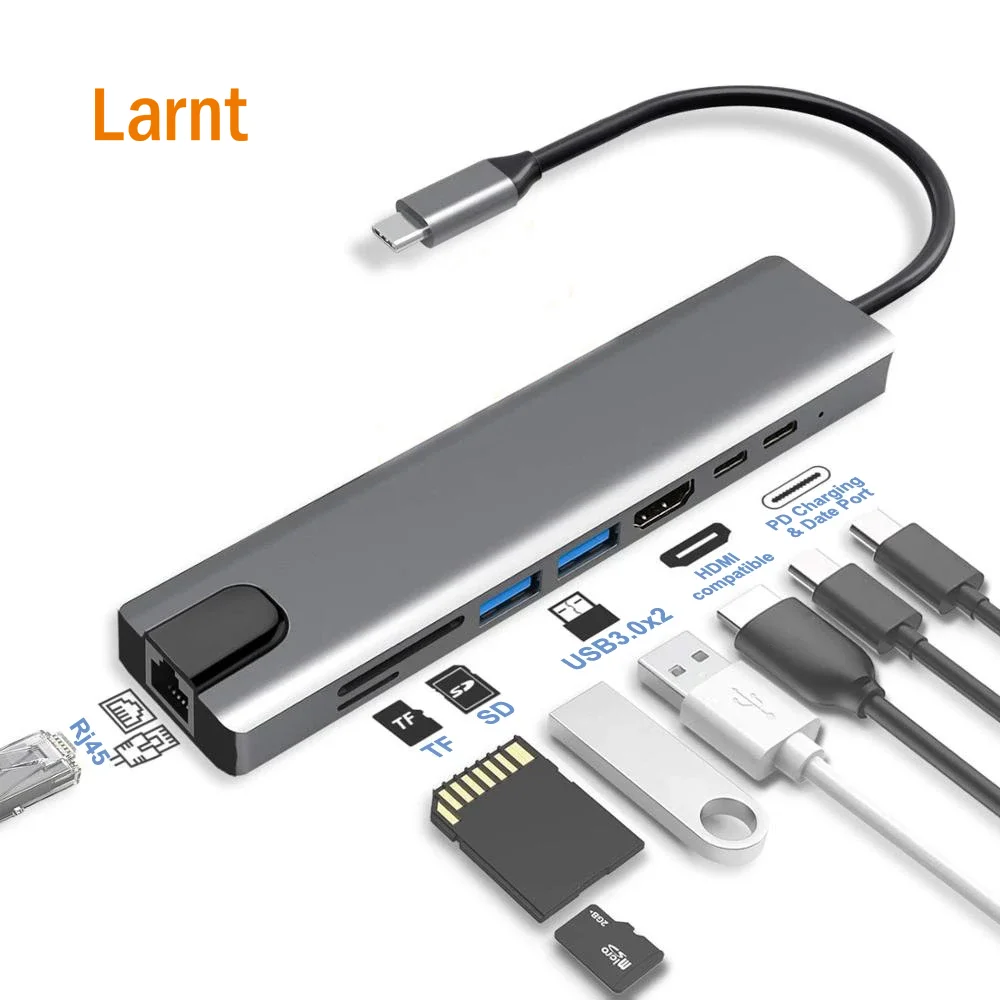 
8 In 1 Type-c 3.0 To 4K Hdmi-compatible Rj45 Ssd Tf Card Reader Pd Fast Chargefor Mac book Air Pro Pc Usb C Hub Docking Station 