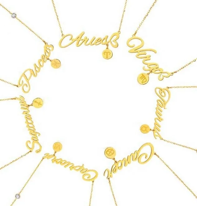 Stainless Steel 12 Zodiac Letter Name Necklace With Round Sign Charm Pendant Dangling Link Chain Necklace Gold Jewelry Women Hot
