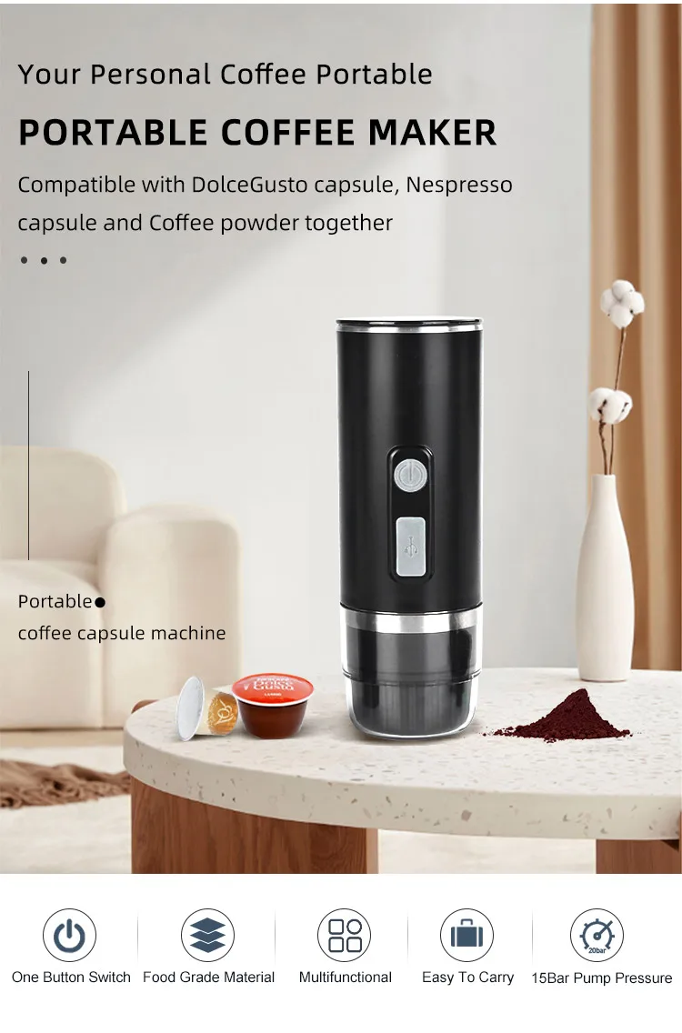 Automatic portable espresso machine, outdoor travel capsule 12v capsule coffee machine