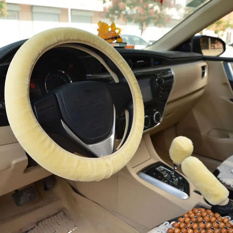 K395 Universal Steering-wheel Plush Faux fur Hand Brake Gear Cover Set Car Steering Wheel Covers