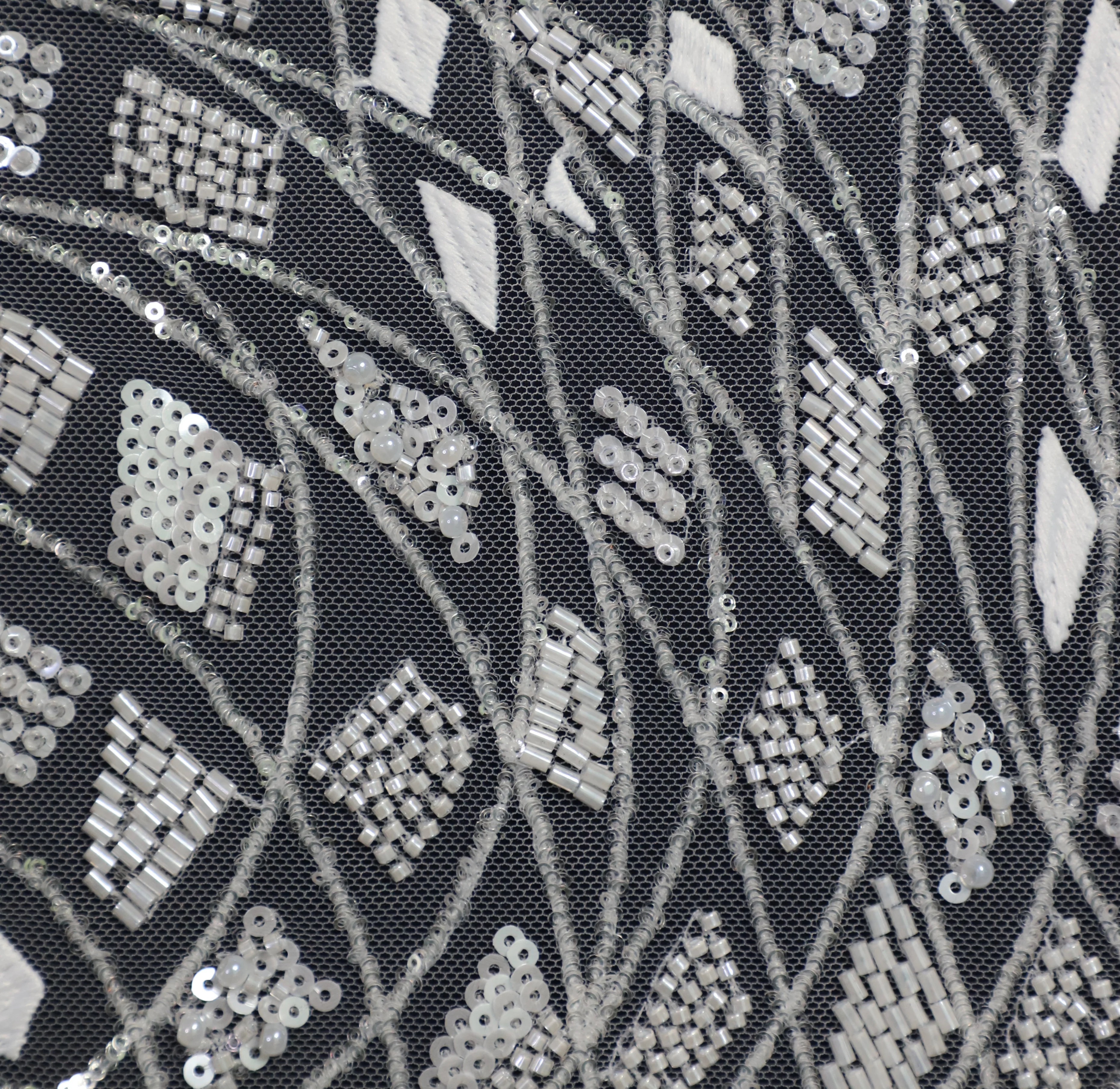 ZX081 Crystal Shining Sequin Lace Fabric in Geo Pattern, Machine Embroidery Beading Lace Wholesale Supply